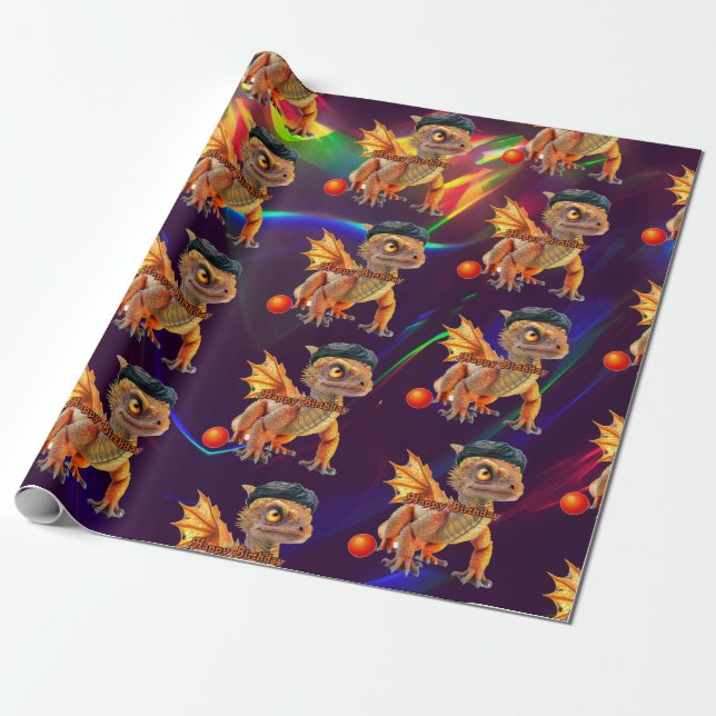 Kids Dragon Birthday Wrapping Paper (Unrolled)