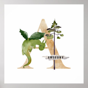 Kids Dragon Custom Name Monogram A Nursery Room Poster
