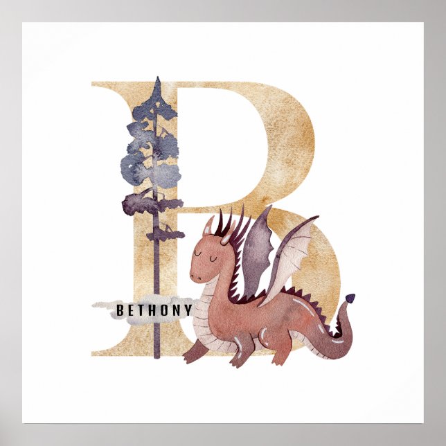 Kids Dragon Custom Name Monogram B Nursery Room Poster (Front)