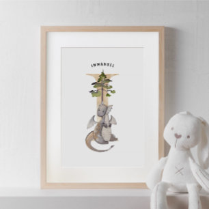 Kids Dragon Custom Name Monogram I Nursery Room Poster