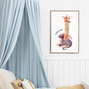 Kids Dragon Custom Name Monogram J Nursery Room Poster