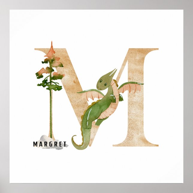 Kids Dragon Custom Name Monogram M Nursery Room Poster (Front)