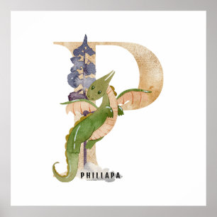 Kids Dragon Custom Name Monogram P Nursery Room Poster