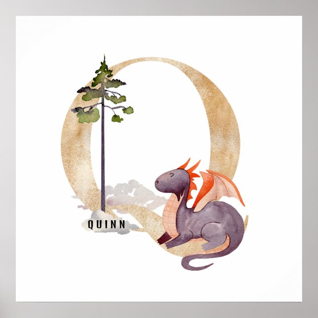 Kids Dragon Custom Name Monogram Q Nursery Room Poster (Front)