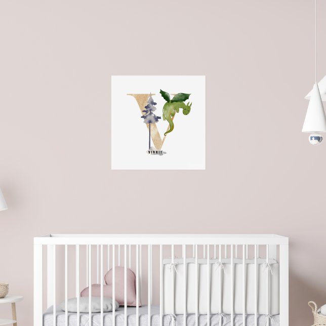 Kids Dragon Custom Name Monogram V Nursery Room Poster (Nursery 2)