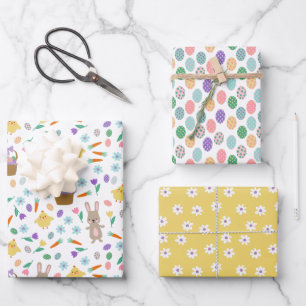 Kids Easter Bunny Chickens Mixed Easter Patterns Wrapping Paper Sheet