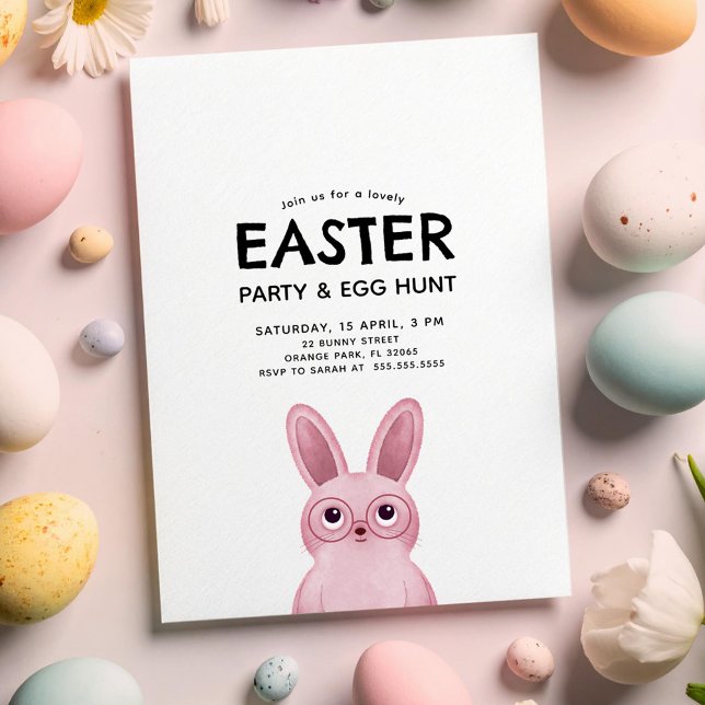 Kids Easter Party with pink bunny wearing glasses Invitation (Creator Uploaded)