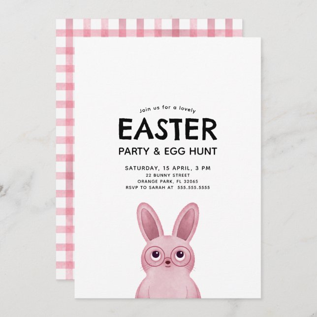 Kids Easter Party with pink bunny wearing glasses Invitation (Front/Back)