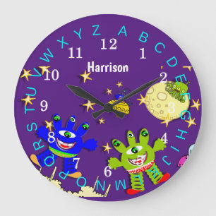 Kids Educational Outer Space Monsters Personalised Large Clock