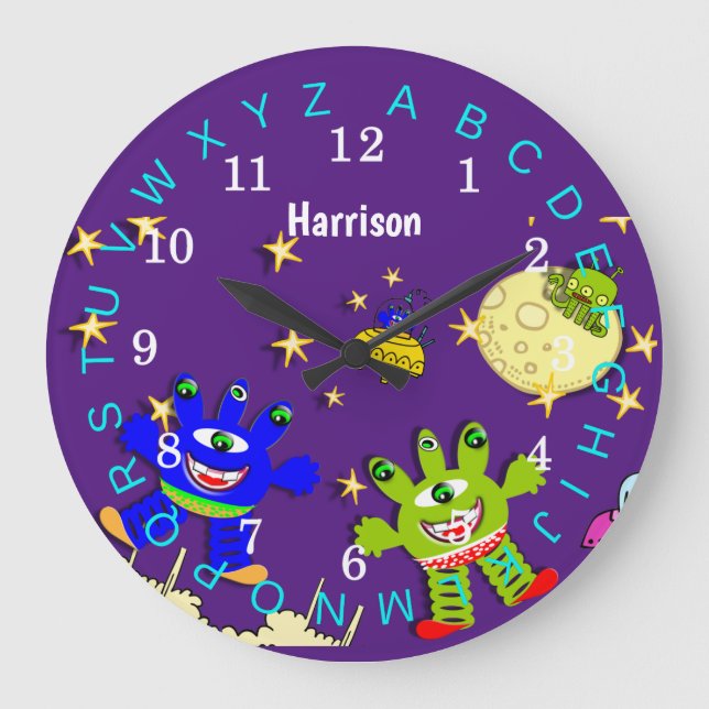 Kids Educational Outer Space Monsters Personalised Large Clock (Front)