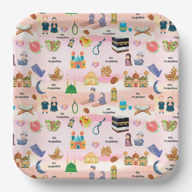 Kids Eid Mubarak Paper Plates – Colourful Islamic (Front)