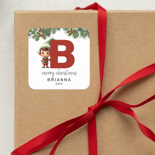 Kids Elf Initial B Christmas Square Sticker