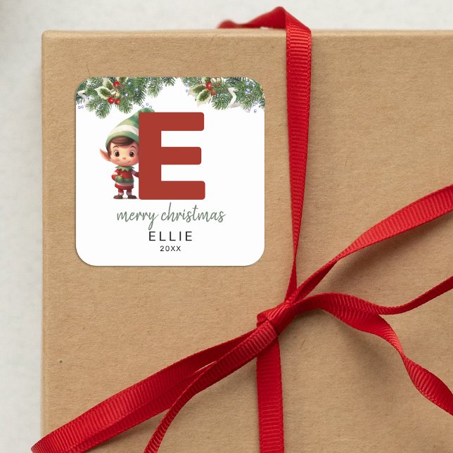 Kids Elf Initial E Christmas Square Sticker (Creator Uploaded)