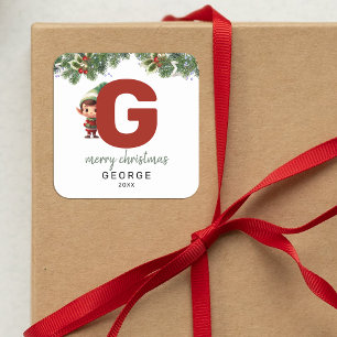 Kids Elf Initial G Christmas Square Sticker