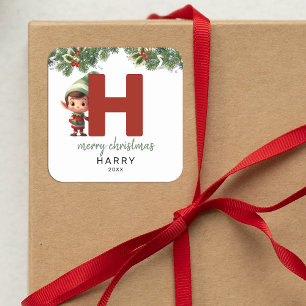 Kids Elf Initial H Christmas Square Sticker