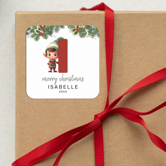 Kids Elf Initial I Christmas Square Sticker (Creator Uploaded)