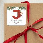 Kids Elf Initial J Christmas Square Sticker<br><div class="desc">Give the gift of personalised charm this Christmas! Our monogram stickers,  featuring Santa's elf hiding behind the letter J,  are a unique and thoughtful way to show your love. Customise with a name,  year and a heartfelt greeting. Make your Christmas gifts stand out!</div>