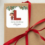 Kids Elf Initial L Christmas Square Sticker<br><div class="desc">Give the gift of personalised charm this Christmas! Our monogram stickers,  featuring Santa's elf hiding behind the letter L,  are a unique and thoughtful way to show your love. Customise with a name,  year and a heartfelt greeting. Make your Christmas gifts stand out!</div>