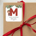 Kids Elf Initial M Christmas Square Sticker<br><div class="desc">Give the gift of personalised charm this Christmas! Our monogram stickers,  featuring Santa's elf hiding behind the letter M,  are a unique and thoughtful way to show your love. Customise with a name,  year and a heartfelt greeting. Make your Christmas gifts stand out!</div>