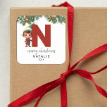 Kids Elf Initial N Christmas Square Sticker<br><div class="desc">Give the gift of personalised charm this Christmas! Our monogram stickers,  featuring Santa's elf hiding behind the letter N,  are a unique and thoughtful way to show your love. Customise with a name,  year and a heartfelt greeting. Make your Christmas gifts stand out!</div>