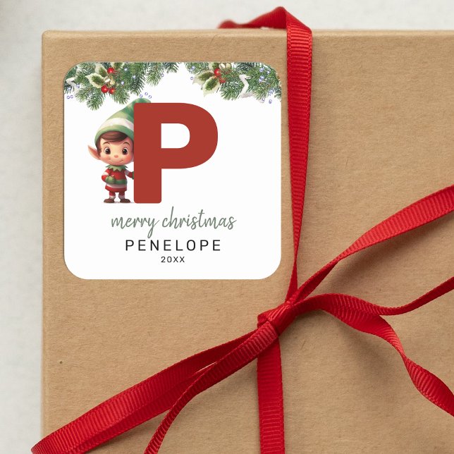 Kids Elf Initial P Christmas Square Sticker (Creator Uploaded)