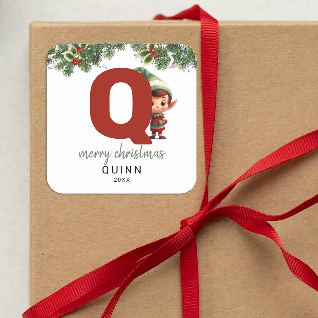 Kids Elf Initial Q Christmas Square Sticker (Creator Uploaded)