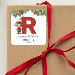 Kids Elf Initial R Christmas Square Sticker<br><div class="desc">Give the gift of personalised charm this Christmas! Our monogram stickers,  featuring Santa's elf hiding behind the letter R,  are a unique and thoughtful way to show your love. Customise with a name,  year and a heartfelt greeting. Make your Christmas gifts stand out!</div>