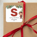 Kids Elf Initial S Christmas Square Sticker<br><div class="desc">Give the gift of personalised charm this Christmas! Our monogram stickers,  featuring Santa's elf alongside the letter S,  are a unique and thoughtful way to show your love. Customise with a name,  year and a heartfelt greeting. Make your Christmas gifts stand out!</div>