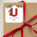 Kids Elf Initial U Christmas Square Sticker<br><div class="desc">Give the gift of personalised charm this Christmas! Our monogram stickers,  featuring Santa's elf hiding behind the letter U,  are a unique and thoughtful way to show your love. Customise with a name,  year and a heartfelt greeting. Make your Christmas gifts stand out!</div>