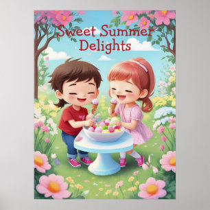 Kids Enjoying Ice-Cream in Garden AI Generative  Poster