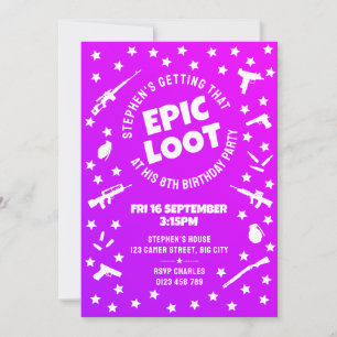 Kids Epic Loot Purple Gamer Birthday Party Invitation