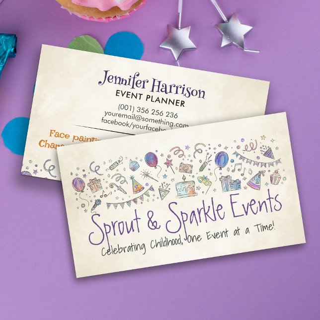 Kids Event Planner - Sketch and Watercolor Business Card (Creator Uploaded)