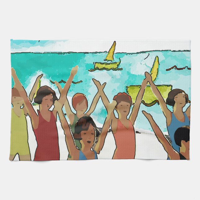 Kids Exercise on Beach Tea Towel (Horizontal)