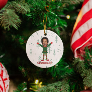 Kid's Face & Name Elf Christmas Funny Gift Ceramic Ornament