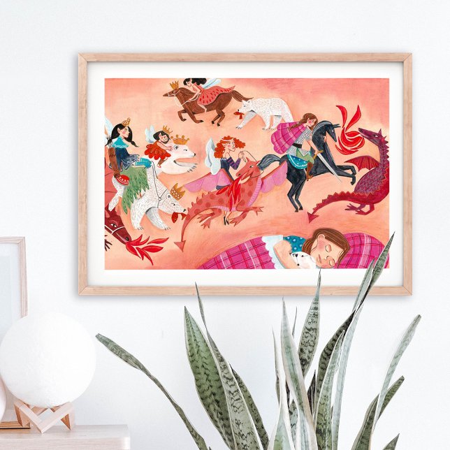 Kids fairies & dragon pink fairytale illustration poster (Creator Uploaded)