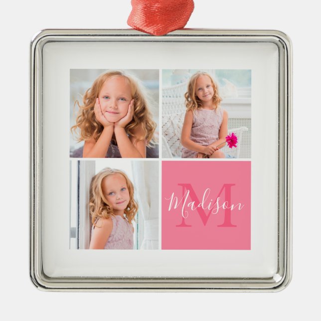 Kids Family Square Photo Monogram Christmas Metal Ornament (Front)