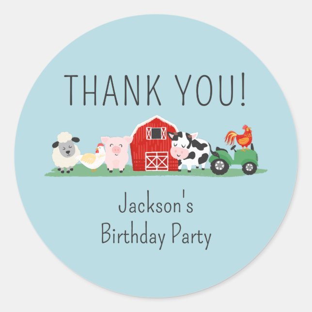 Kids Farm Animal Birthday Party Thank You Classic Round Sticker (Front)