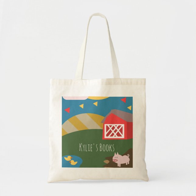 Kids Farm Pig Illustration Library Book  Tote Bag (Front)
