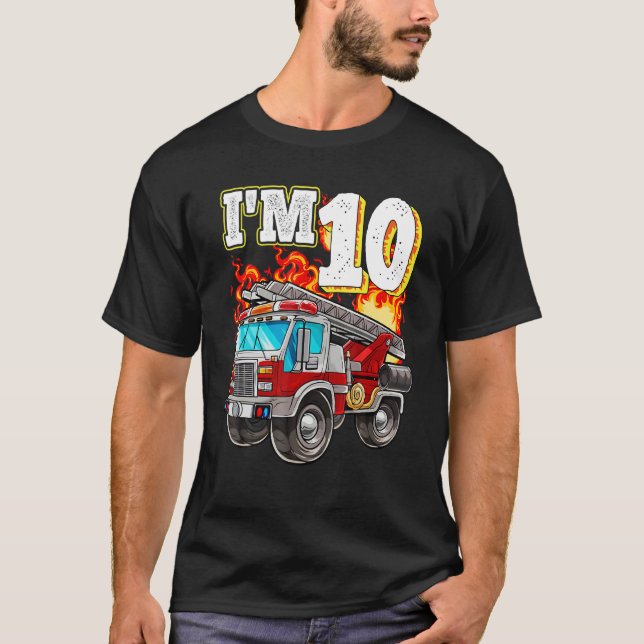Kids Fire Truck 10th Birthday Boy Firefighter 10 Y T-Shirt (Front)