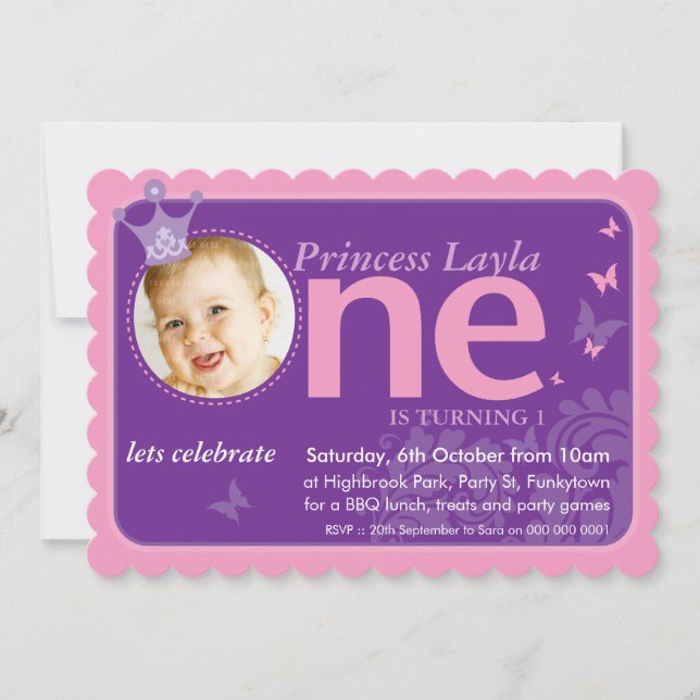 KIDS FIRST BIRTHDAY PARTY PHOTO one pink purple Invitation (Front)