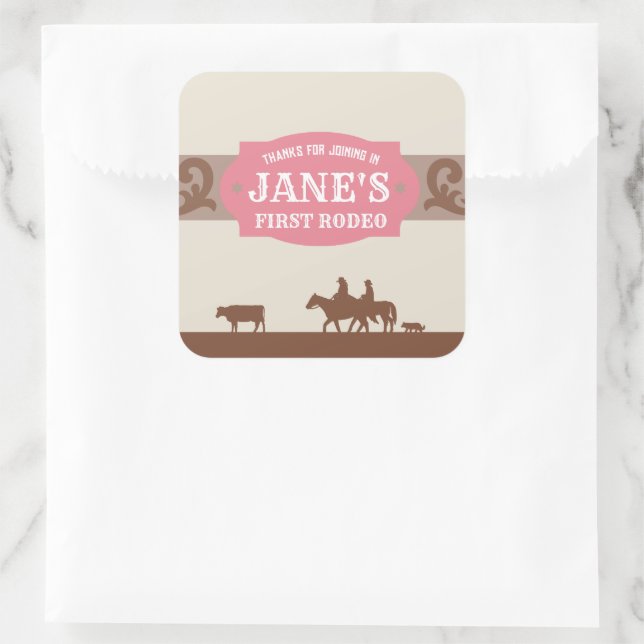 Kids FIrst Rodeo Pink/Brown Western Birthday  Square Sticker (Bag)