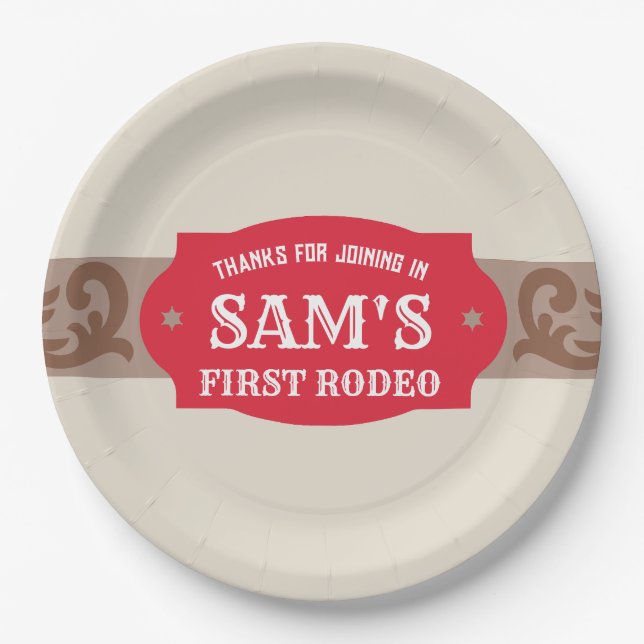 Kids FIrst Rodeo Red/Brown Western Birthday Party Paper Plate (Front)