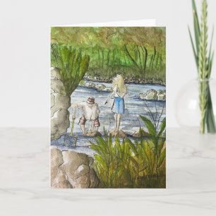 Kids Fishing Art Print, Small Artwork, Folk Art Card