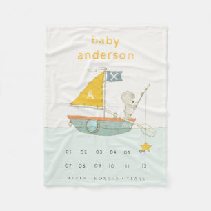 Kids Fishing Bear Sailboat Monogram Baby Milestone Fleece Blanket