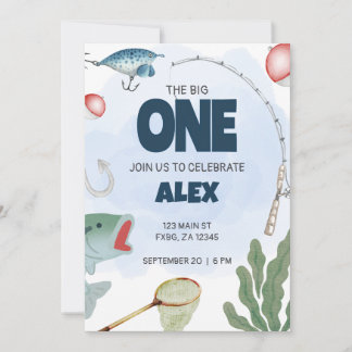 Kids Fishing Theme Birthday Blue Green Invitation