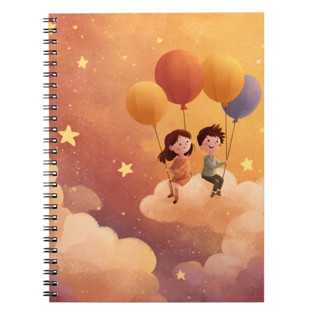 Kids Floating on Balloons Through Sunset Clouds Notebook (Front)
