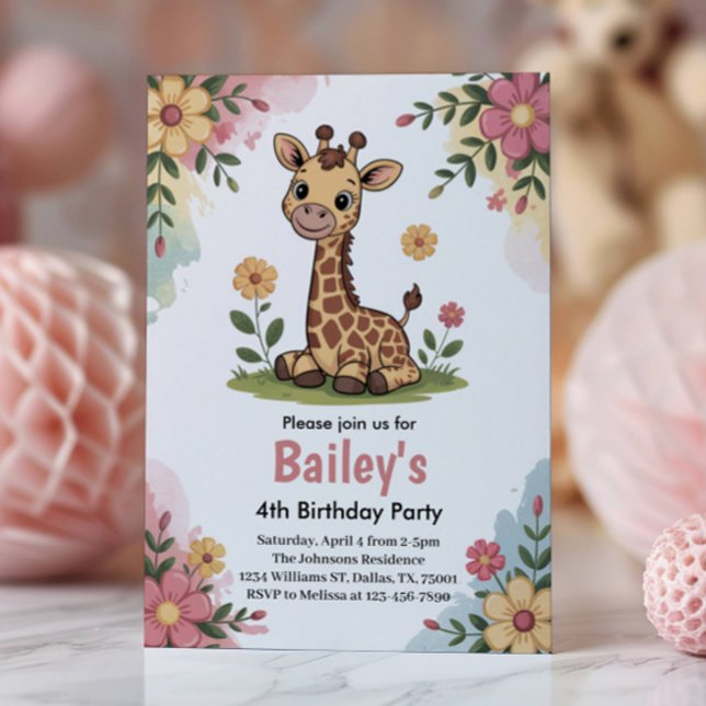 Kids Floral Giraffe Jungle 4th Birthday Party Invitation (Creator Uploaded)