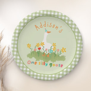Kids Floral Green One Silly Goose 1st Birthday Paper Plate