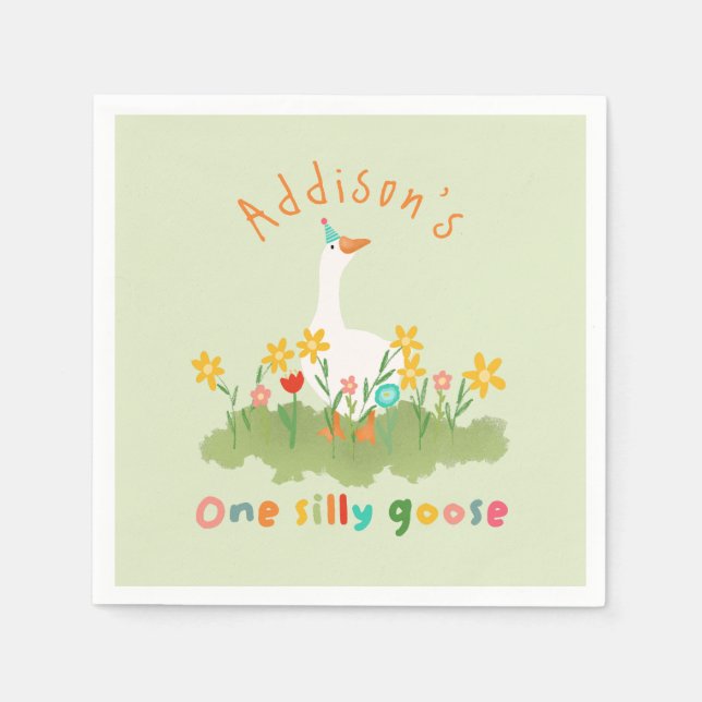 Kids Floral Green One Silly Goose First Birthday Napkin (Front)