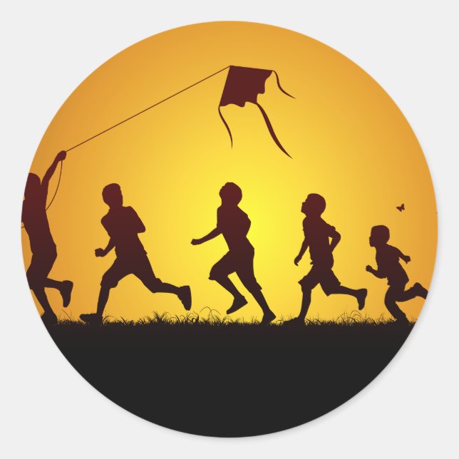 Kids flying a kite classic round sticker (Front)